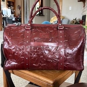 Patricia Nash Red/brown Tooled Leather weekender duffel bag. Paid $375 used once